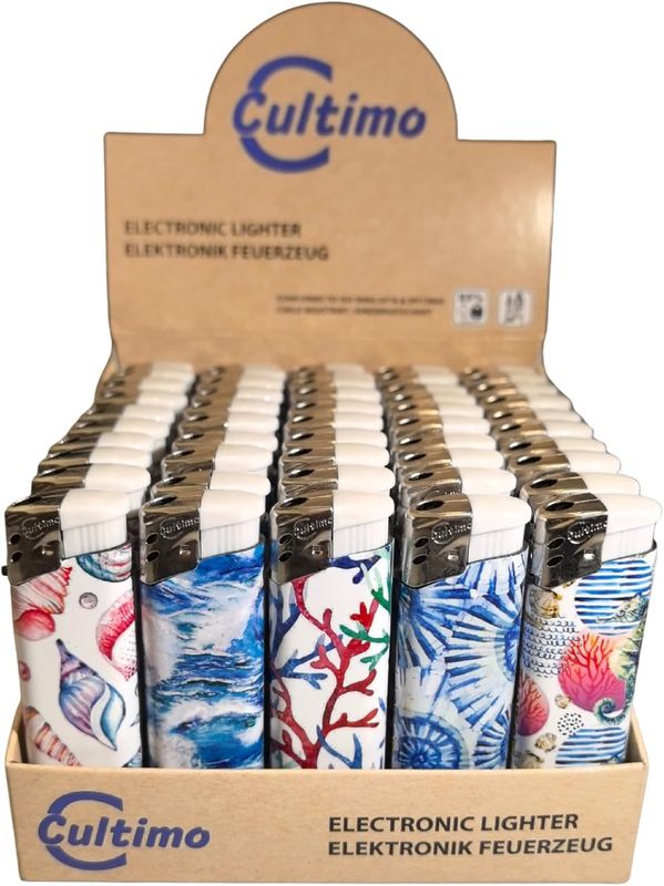 50 Stück Elektronik Feuerzeuge mit Motive, Nachfüllbar &amp; Kindergesichert | Feuerzeug Lighter elektronische, Gas befüllt (Sea)