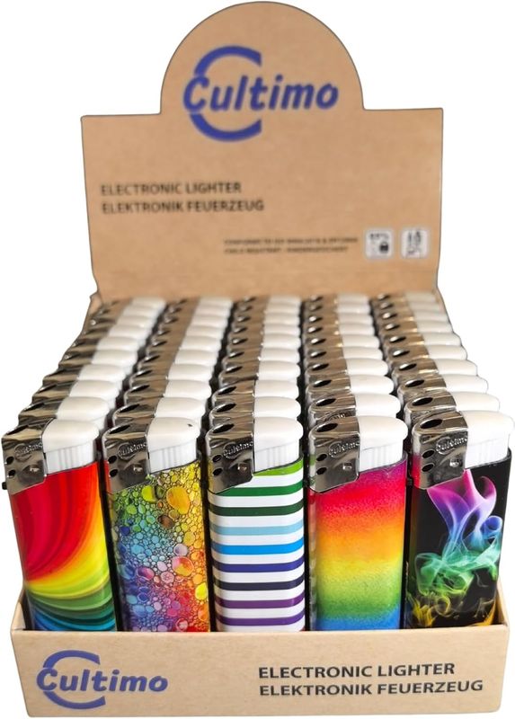 50 Stück Elektronik Feuerzeuge mit Motive, Nachfüllbar &amp; Kindergesichert | Feuerzeug Lighter elektronische, Gas befüllt (Rainbow)