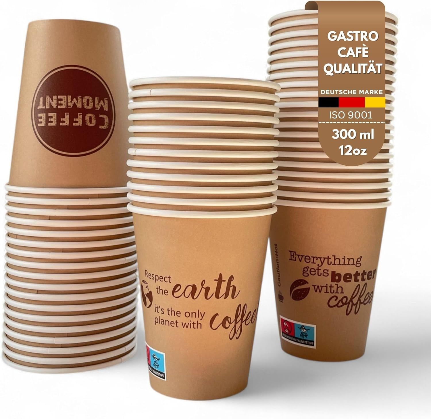 1000 Stück 300ml 12oz Pappbecher | Gastro Qualität | Einweg Coffee to Go Becher - 2 to go für Tee Kaffee, Einwegbecher, Papierbecher, Kaffeebecher Ø9cm