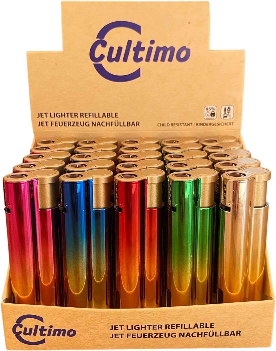 Clearfee Jet Flamme Sturmfeuerzeug | Windfest, Witterungsfest | Nachfüllbar | Elegant Gold Metallic Farben | Elektronik Jet Turbo Flamme Feuerzeug (Regenbogen, 25)