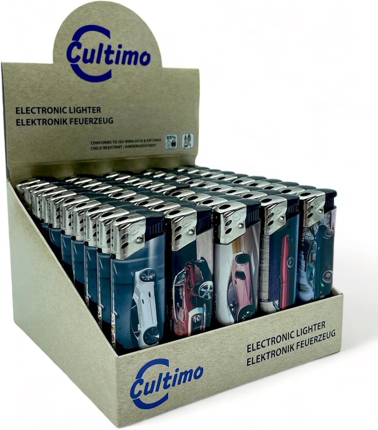 50 Stück Elektronik Feuerzeuge mit Motive, Nachfüllbar &amp; Kindergesichert | Feuerzeug Lighter elektronische, Gas befüllt (Autos)