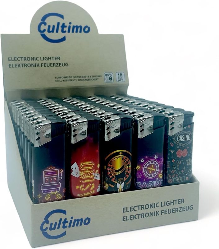 50 Stück Elektronik Feuerzeuge mit Motive, Nachfüllbar &amp; Kindergesichert | Feuerzeug Lighter elektronische, Gas befüllt (Casino)