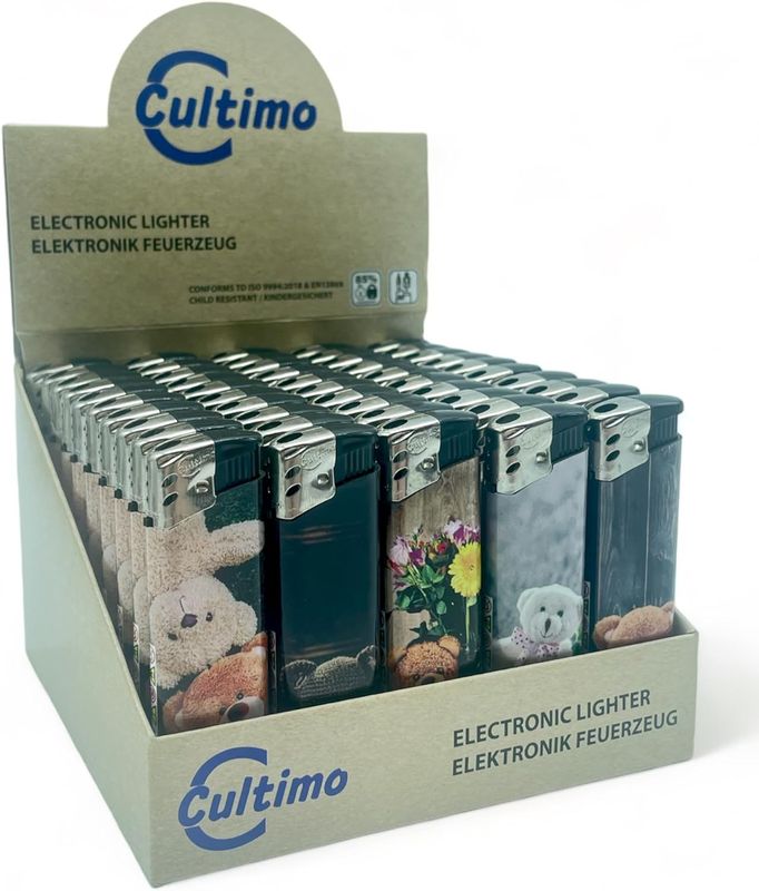 50 Stück Elektronik Feuerzeuge mit Motive, Nachfüllbar &amp; Kindergesichert | Feuerzeug Lighter elektronische, Gas befüllt (Teddy)