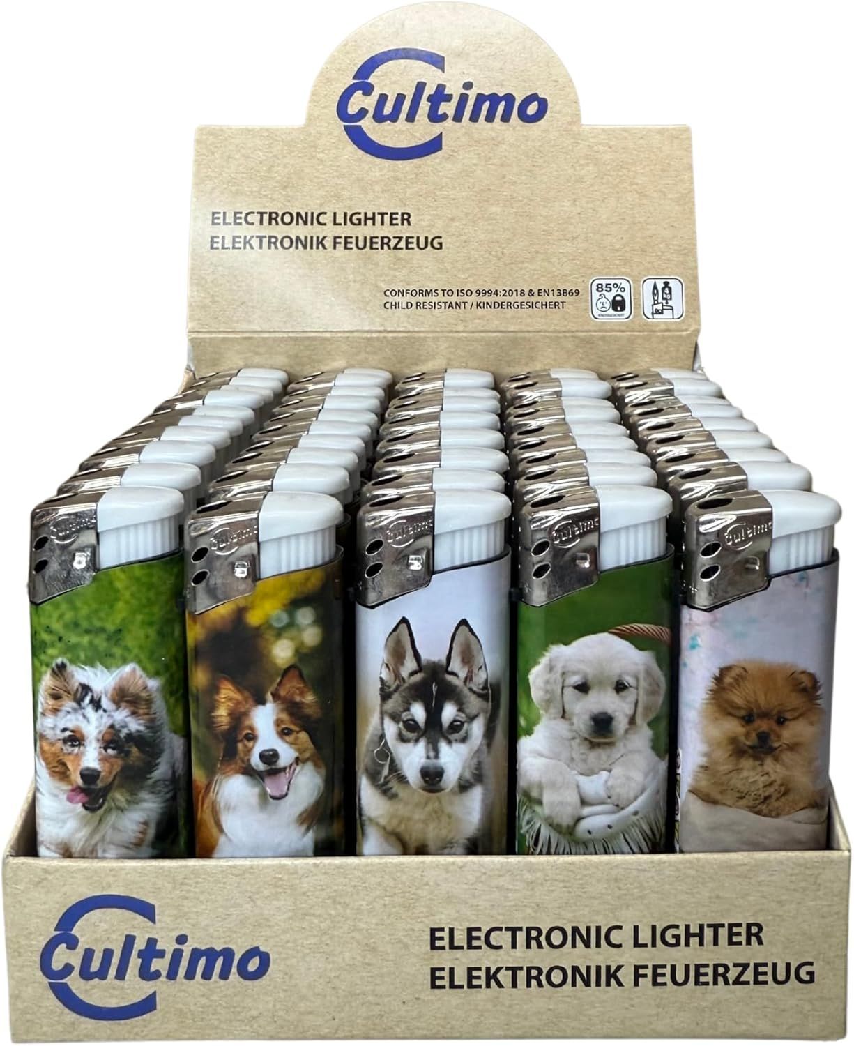 50 Stück Elektronik Feuerzeuge mit Motive, Nachfüllbar &amp; Kindergesichert | Feuerzeug Lighter elektronische, Gas befüllt (Dog)