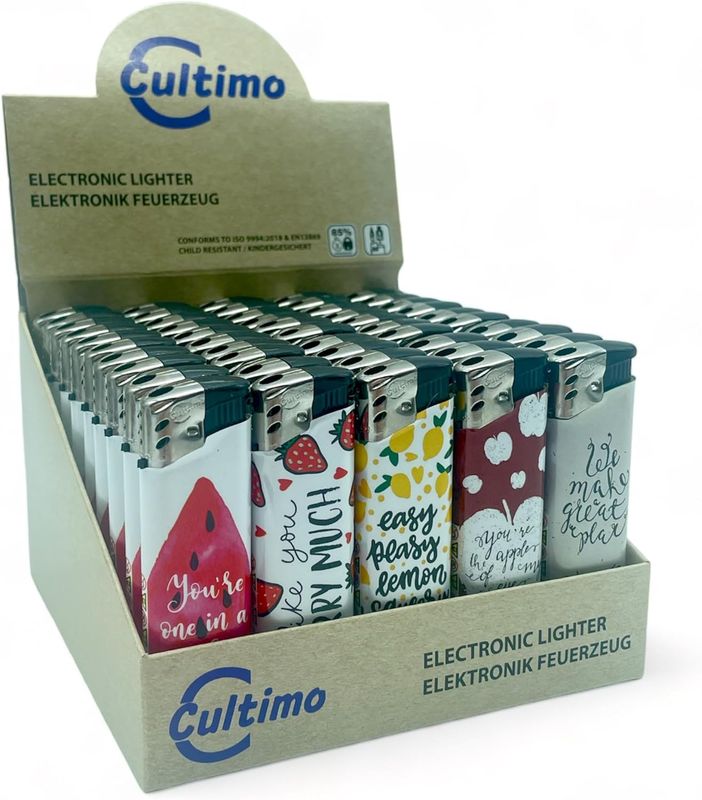 50 Stück Elektronik Feuerzeuge mit Motive, Nachfüllbar &amp; Kindergesichert | Feuerzeug Lighter elektronische, Gas befüllt (Fruits)