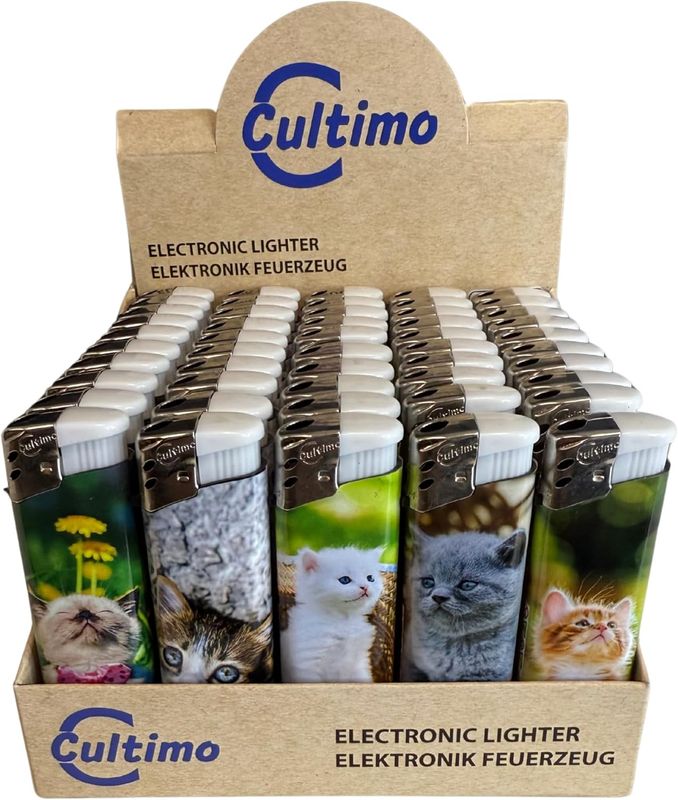 50 Stück Elektronik Feuerzeuge mit Motive, Nachfüllbar &amp; Kindergesichert | Feuerzeug Lighter elektronische, Gas befüllt (Katze)