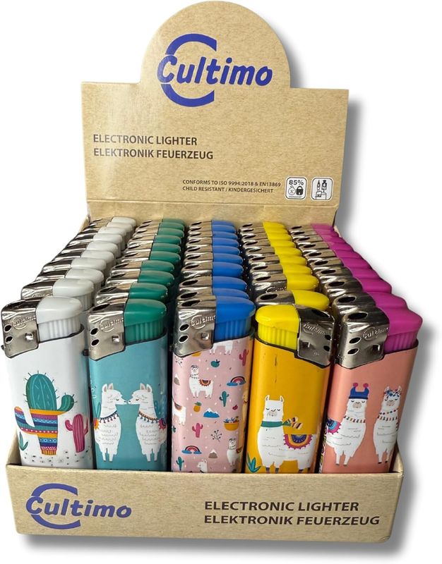 50 Stück Elektronik Feuerzeuge mit Motive, Nachfüllbar &amp; Kindergesichert | Feuerzeug Lighter elektronische, Gas befüllt (Lama)