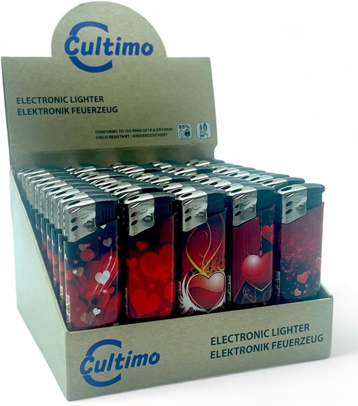 50 Stück Elektronik Feuerzeuge mit Motive, Nachfüllbar &amp; Kindergesichert | Feuerzeug Lighter elektronische, Gas befüllt (Love)
