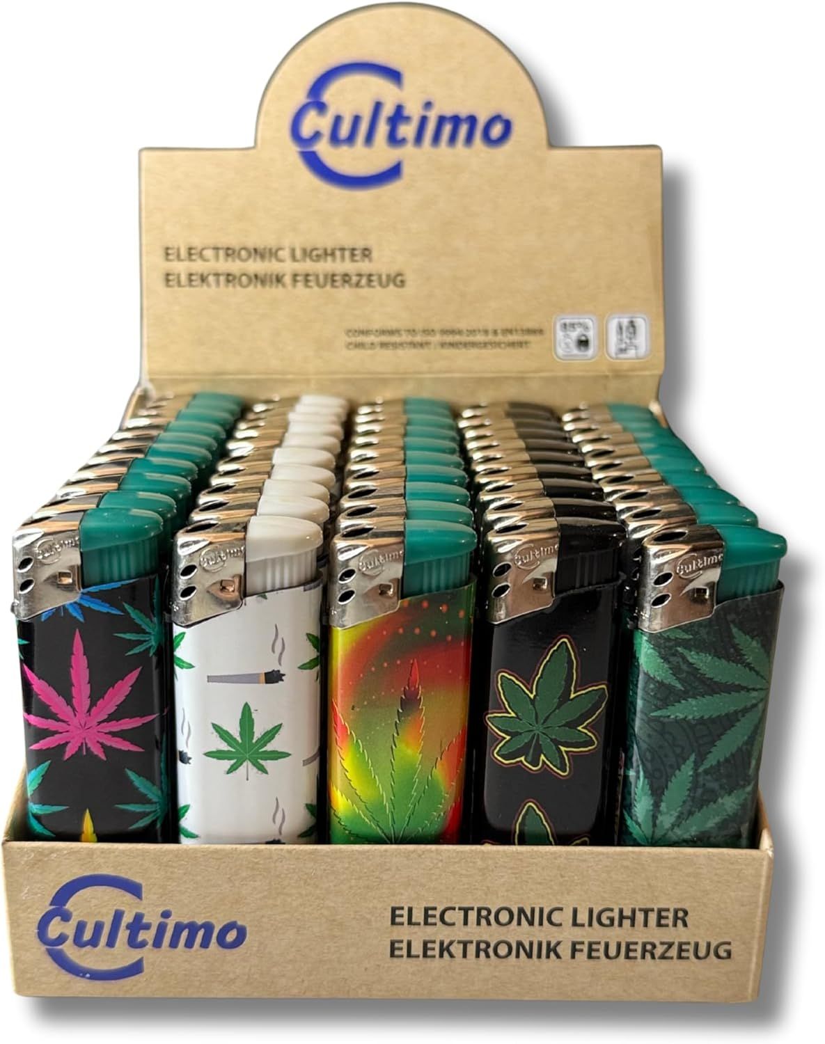 50 Stück Elektronik Feuerzeuge mit Motive, Nachfüllbar &amp; Kindergesichert | Feuerzeug Lighter elektronische, Gas befüllt (420)