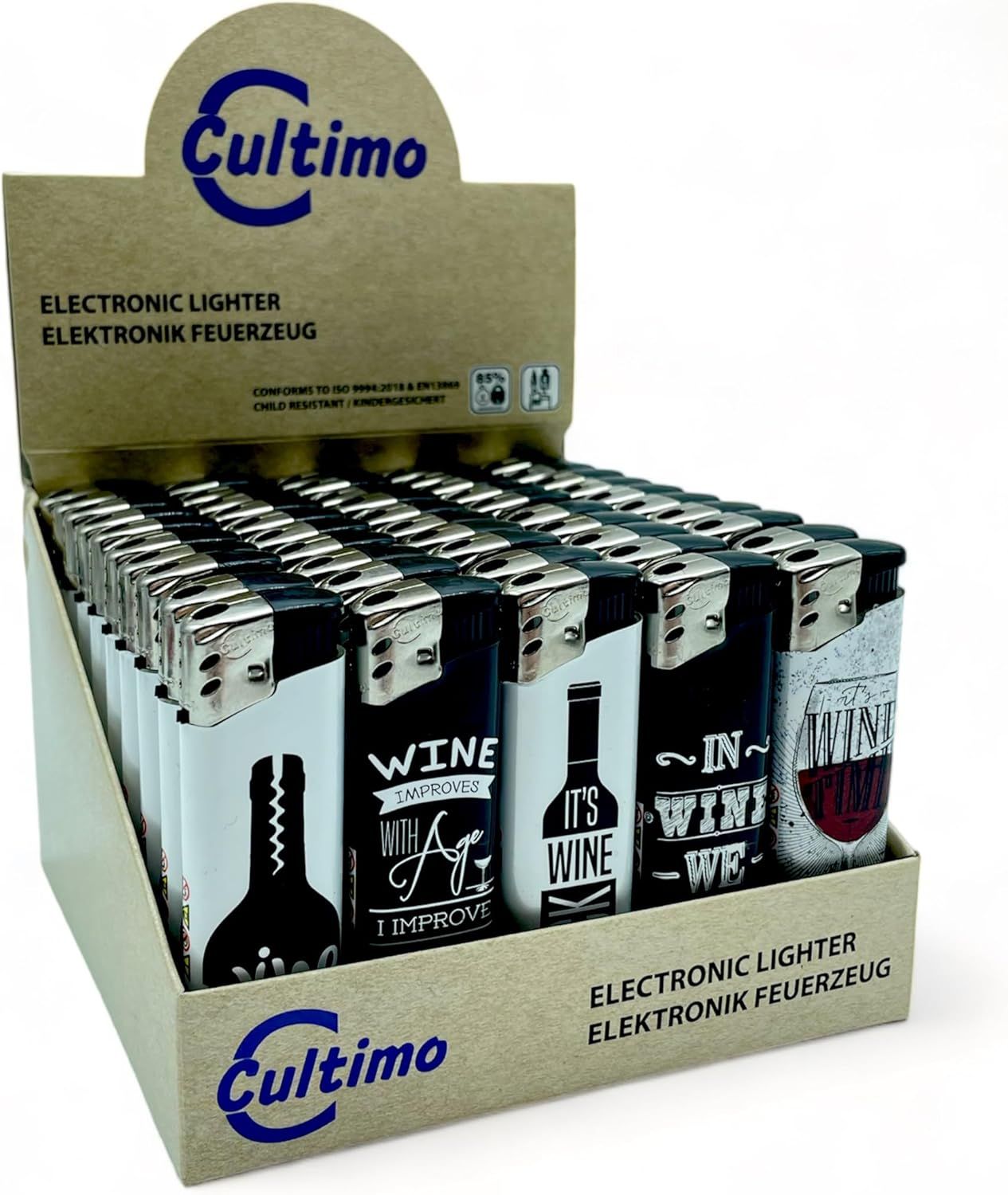 50 Stück Elektronik Feuerzeuge mit Motive, Nachfüllbar &amp; Kindergesichert | Feuerzeug Lighter elektronische, Gas befüllt (Wein)