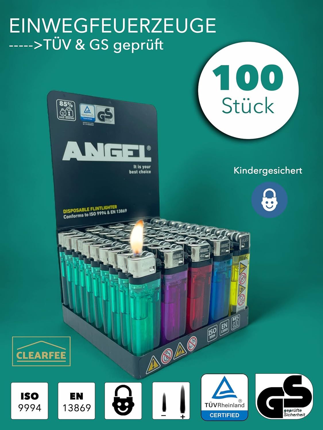 Clearfee 100 Stück transparent Einwegfeuerzeuge | Reibradfeuerzeuge, Einweg Feuerzeug, bunt in 5 Farben Einwegfeuerzueg