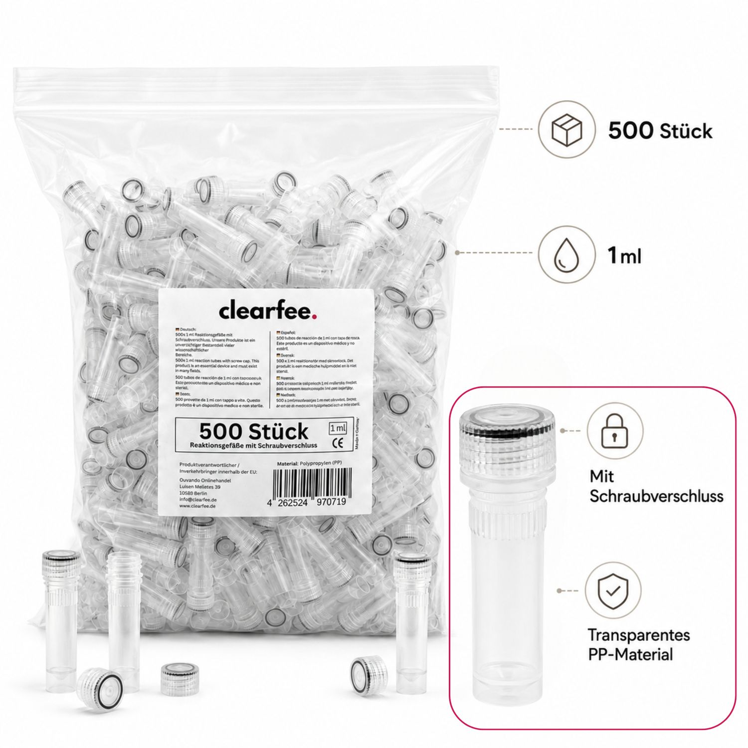 500x 1ml Reaktionsgefäße mit Schraubverschluss, Kunststoff, Zentrifugenröhrchen Durchsichtig, Leer Tube Kapseln,  Mikrozentrifugenflaschen, Stoffkapseln, Labor