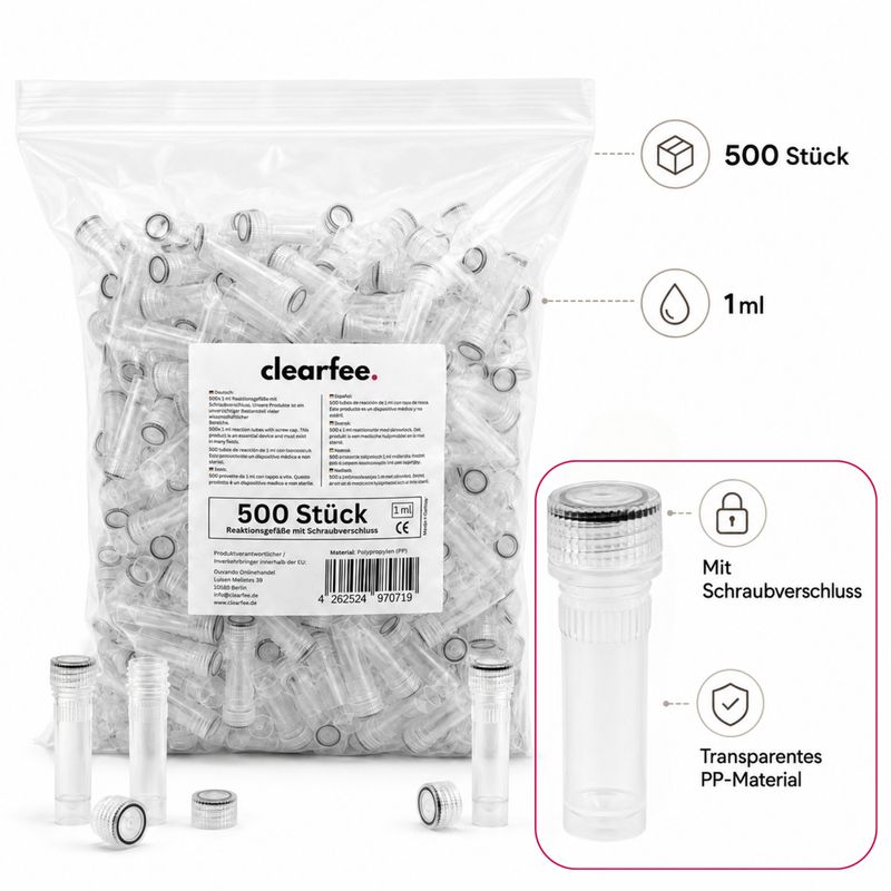 500x 1ml Reaktionsgefäße mit Schraubverschluss, Kunststoff, Zentrifugenröhrchen Durchsichtig, Leer Tube Kapseln,  Mikrozentrifugenflaschen, Stoffkapseln, Labor