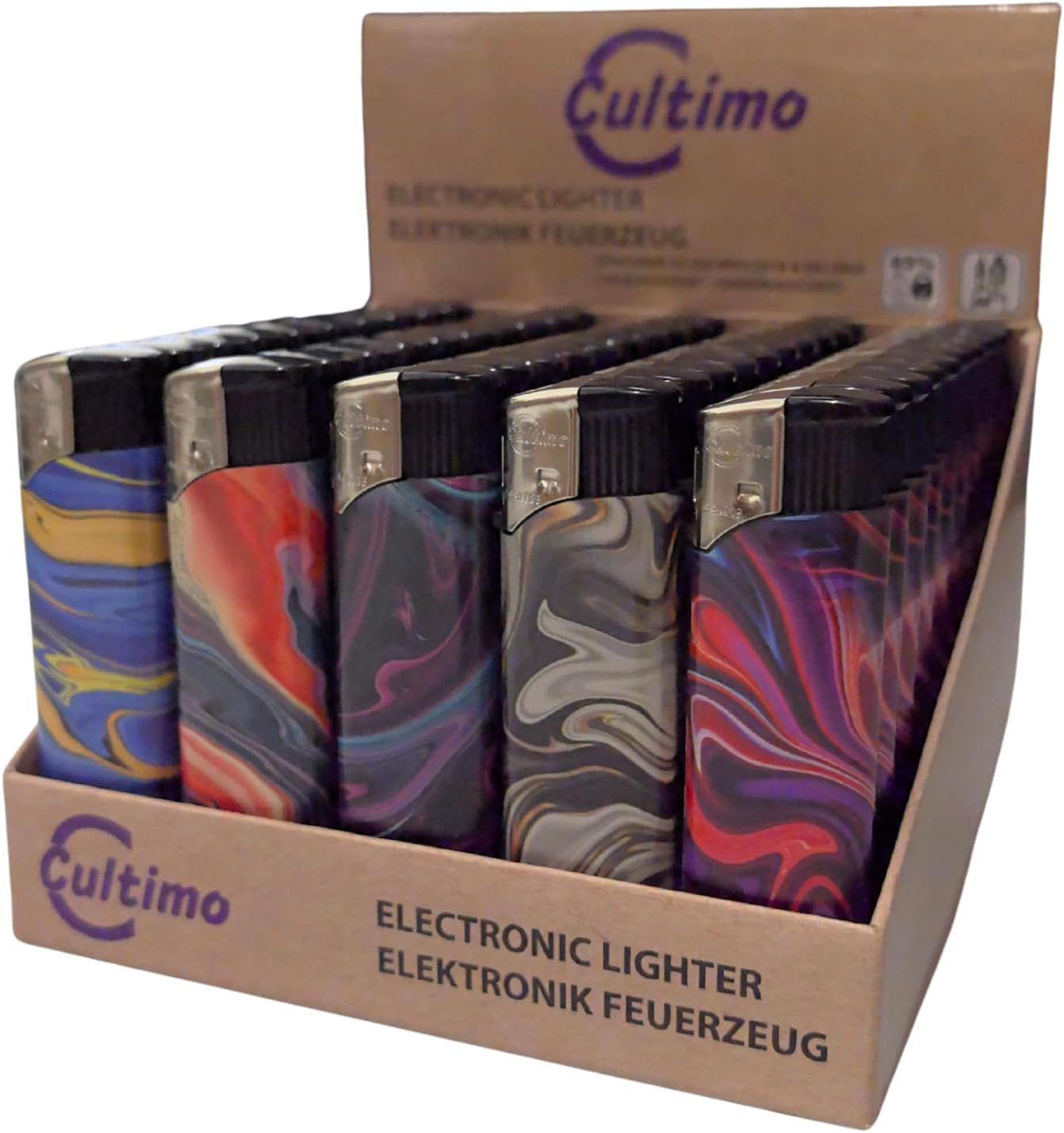 50 Stück Elektronik Feuerzeuge mit Motive, Nachfüllbar &amp; Kindergesichert | Feuerzeug Lighter elektronische, Gas befüllt (Kunst)