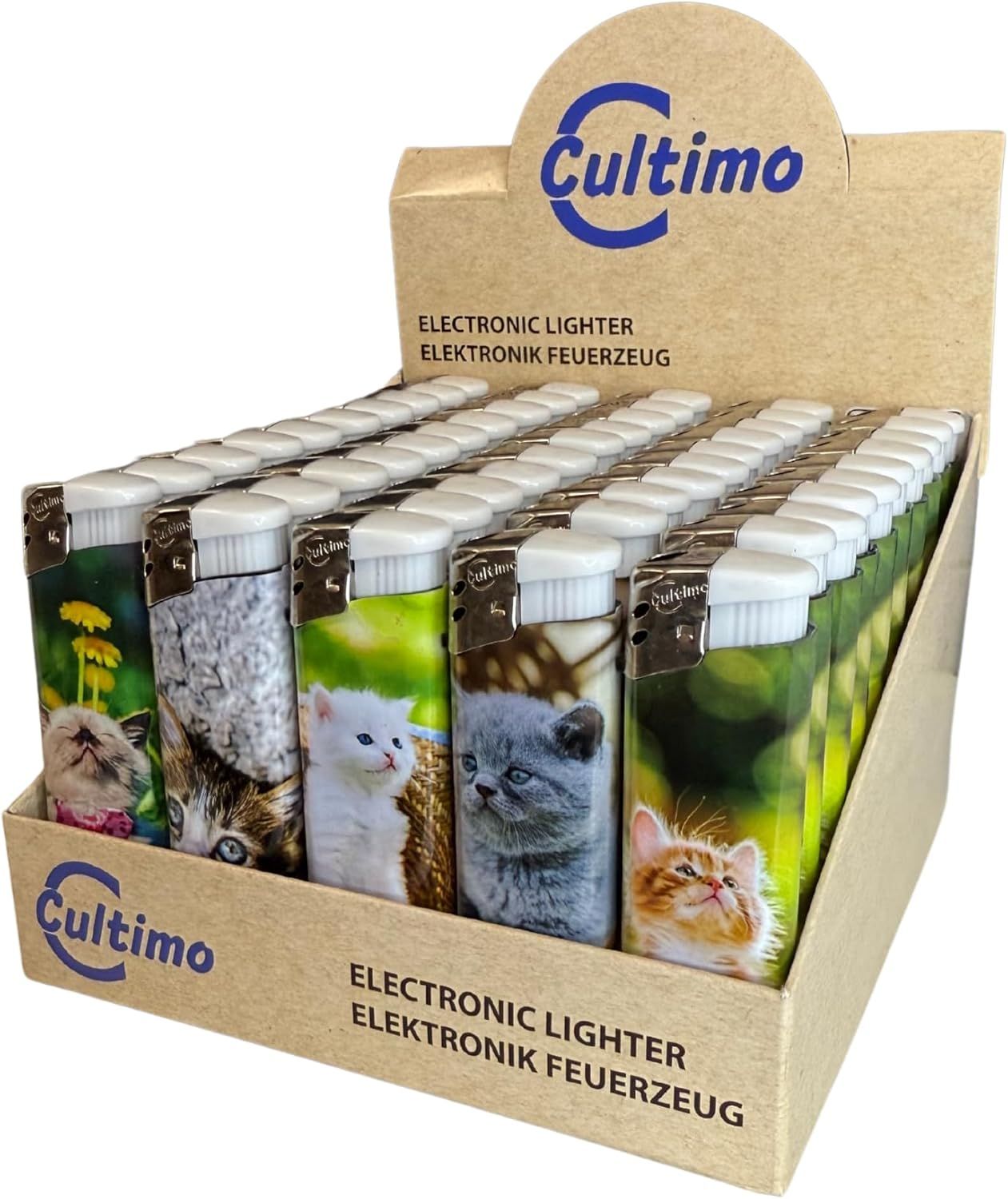 50 Stück Elektronik Feuerzeuge mit Motive, Nachfüllbar &amp; Kindergesichert | Feuerzeug Lighter elektronische, Gas befüllt (Katze)