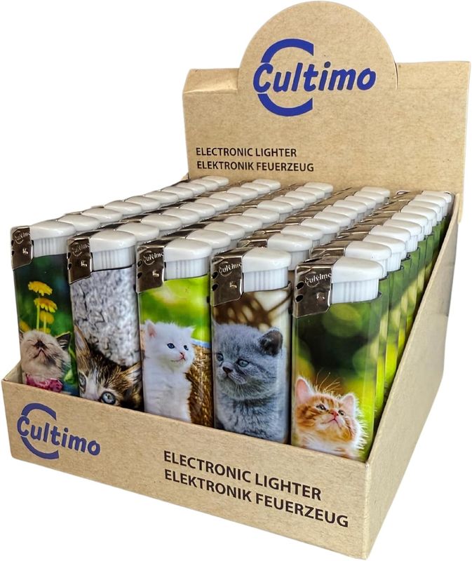 50 Stück Elektronik Feuerzeuge mit Motive, Nachfüllbar &amp; Kindergesichert | Feuerzeug Lighter elektronische, Gas befüllt (Katze)