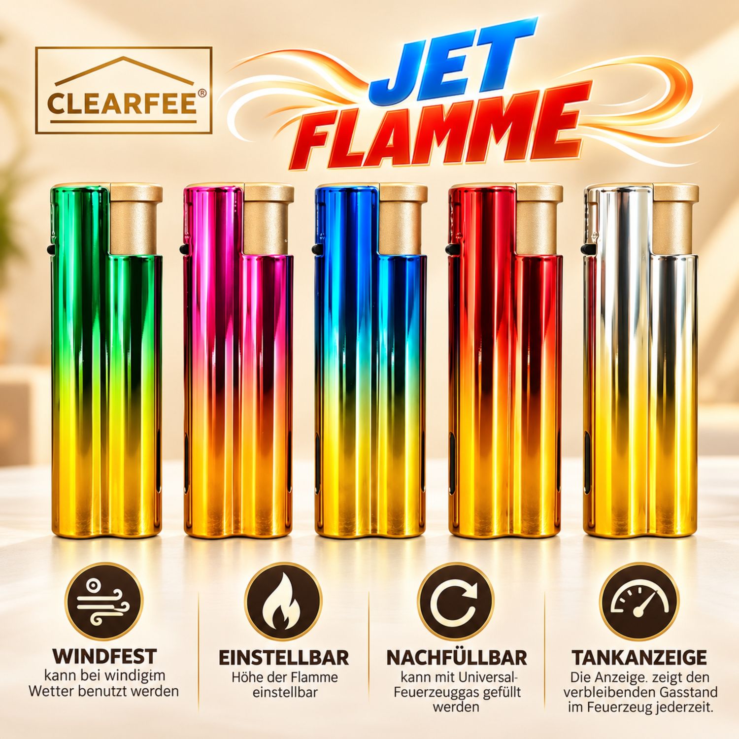 5StückJ et Flamme Sturmfeuerzeug | Windfest, Witterungsfest | Nachfüllbar, Regenbogen