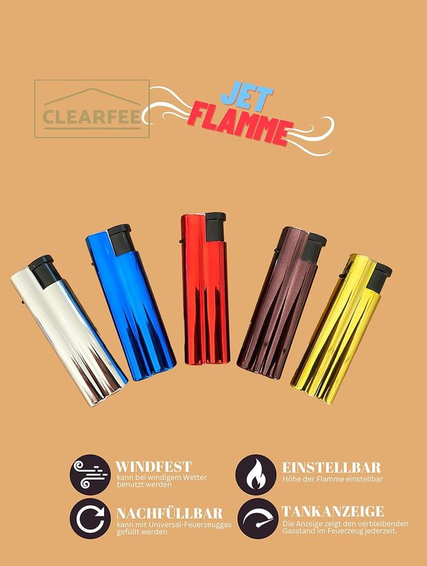 Clearfee Jet Flamme Sturmfeuerzeug | Windfest, Witterungsfest | Nachfüllbar | Elegant Gold Metallic Farben | Elektronik Jet Turbo Flamme Feuerzeug (Einfarbig, 5)