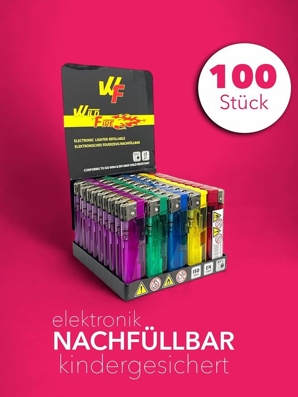 Clearfee Elektronik Feuerzeug nachfüllbar, Bunt, Transparent Feuerzeug, Lighter (100 Stück)