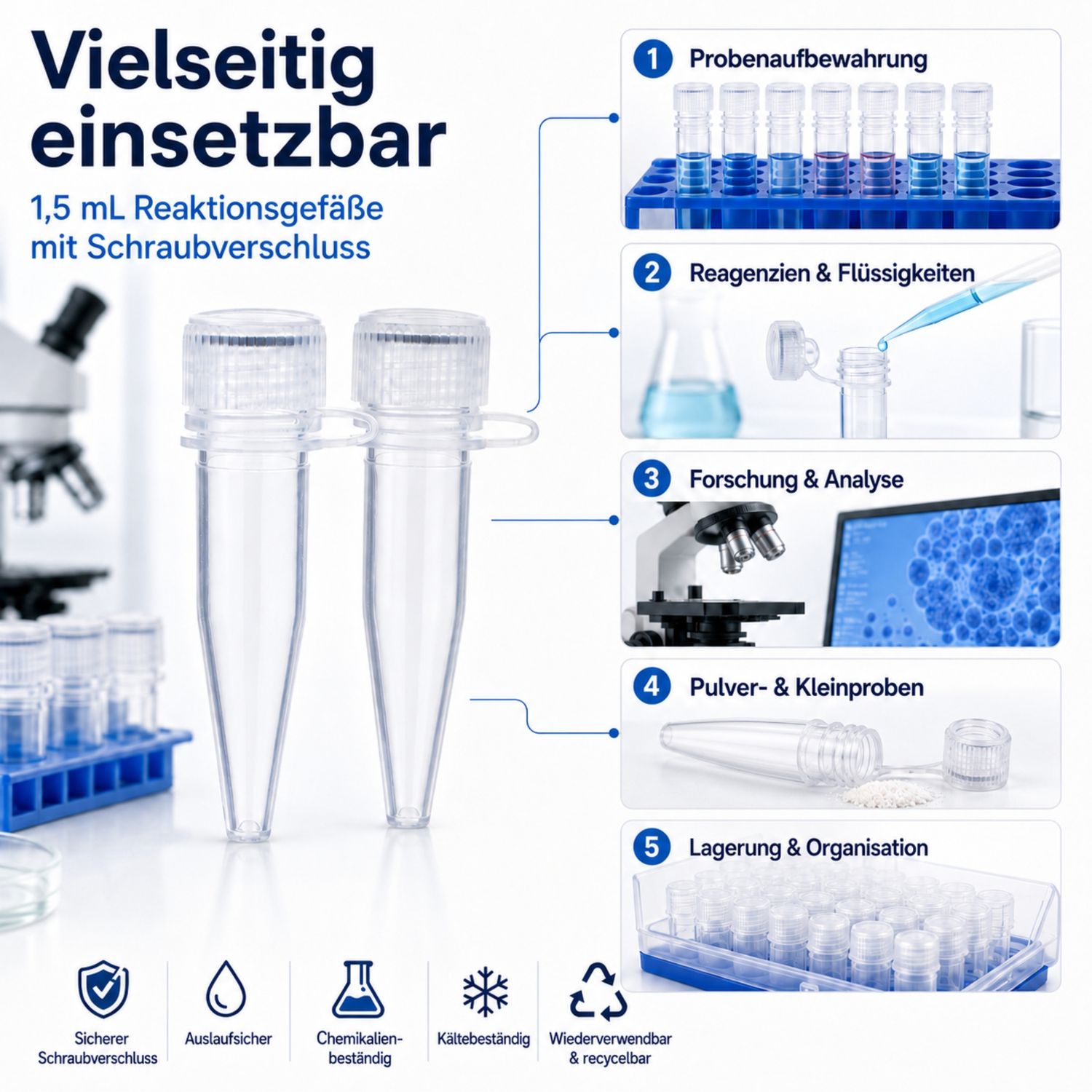 500x 1,5 ml Reaktionsgefäße mit Schraubverschluss mit Dichtung, PP Kunststoff, mini Zentrifugenröhrchen Durchsichtig, Leer Tube Kapseln, Stoffkapseln, Labor