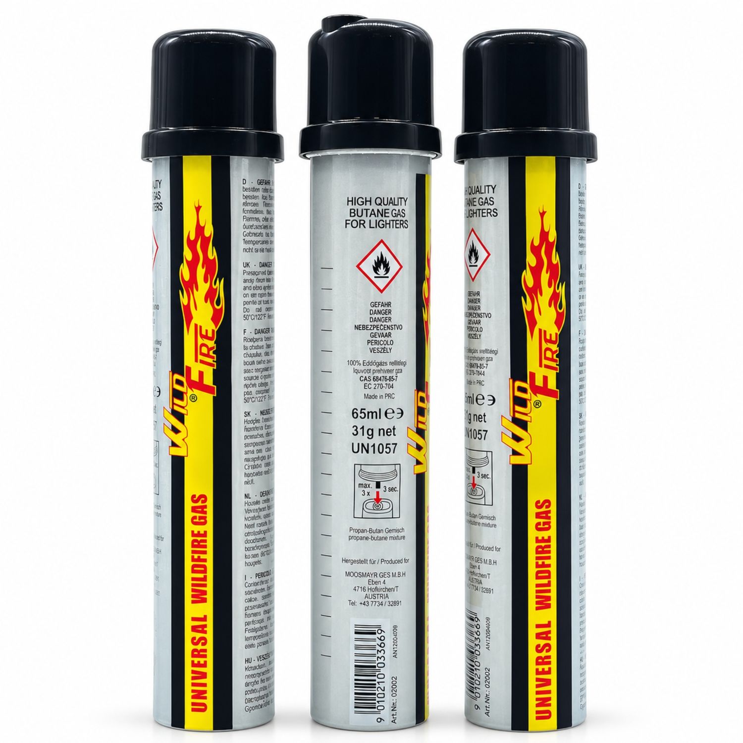 Universal Butan-Propan Feuerzeuggas | 65ml transparent Flasche | 100% Erdöllgas, mit Metallventil