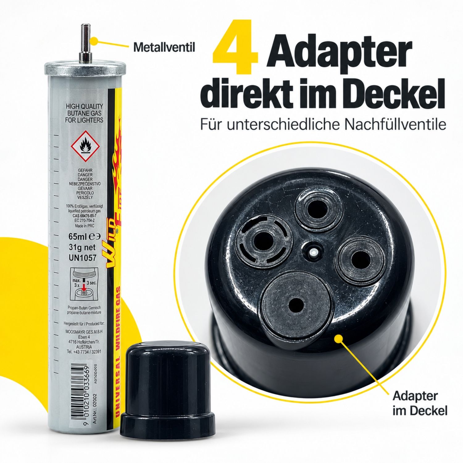Universal Butan-Propan Feuerzeuggas | 65ml transparent Flasche | 100% Erdöllgas, mit Metallventil