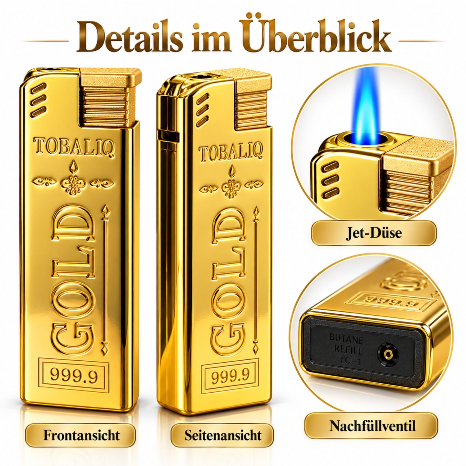 5 Stück Goldbarren Jet-Flame Sturmfeuerzeuge, nachfüllbar