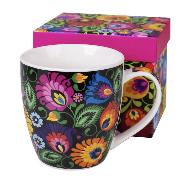 &#39;STEFANIA&#39; MUG IN A DECORATIVE BOX 390ML - BLACK LOWICZ PATTERN/ Kubek