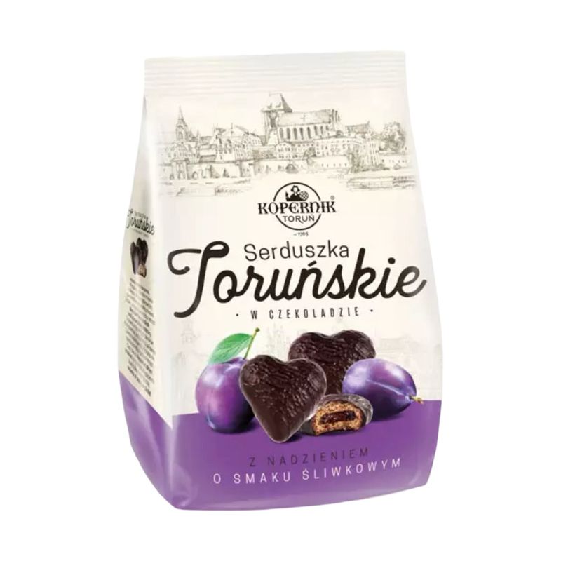 Chocolate Covered Gingerbread Hearts/ Piernikowe Serca z Nadzieniem Śliwkowym “Kopernik” 150g.