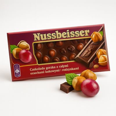 Dark Chocolate with whole almonds/ Gorzka Czekolada z całymi orzechami i Rodzynkami “NUSSBEISSER” 100g.