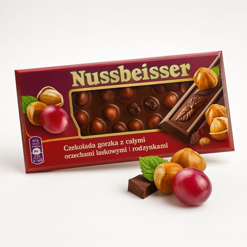 Dark Chocolate with whole almonds/ Gorzka Czekolada z całymi orzechami i Rodzynkami “NUSSBEISSER” 100g.