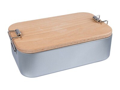 Lunchbox aus Weissblech mit Buchenholzdeckel