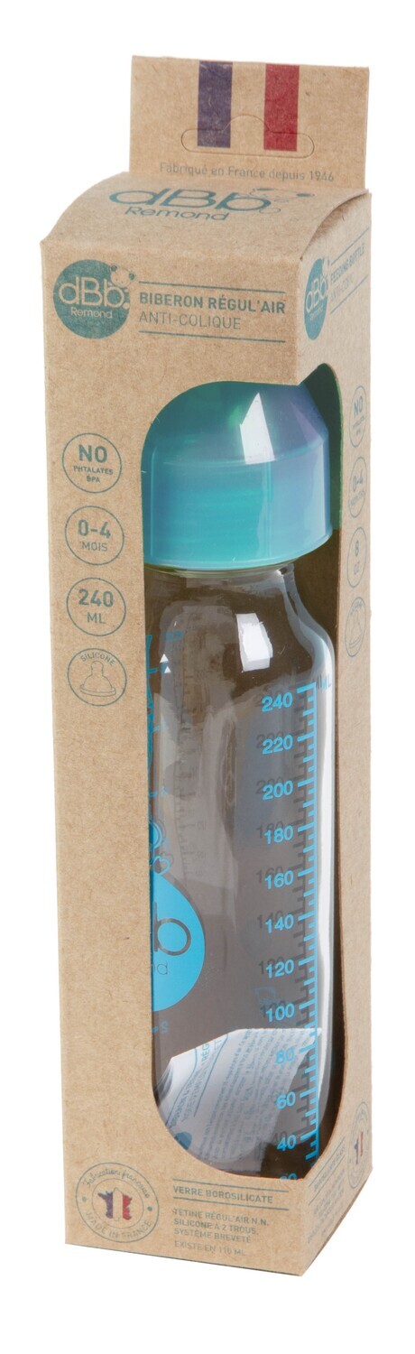 Babyflasche türkisfarben aus Glas 240ml mit Silikonsauger