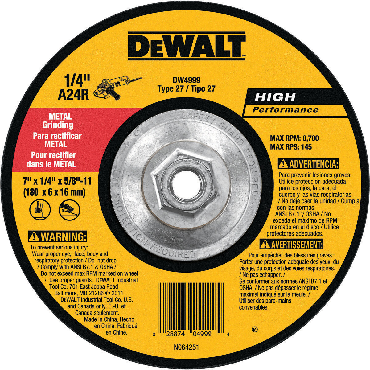 Dewalt Metal Grinding Disk (7" X 1/4" X 5/8"-11)