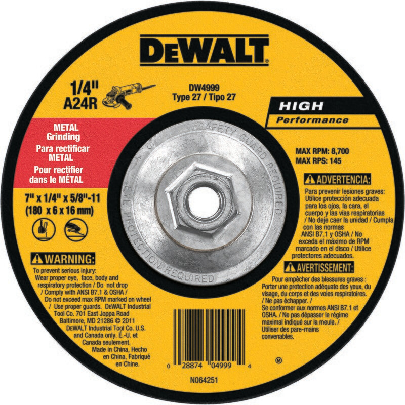 Dewalt Metal Grinding Disk (7" X 1/4" X 5/8"-11)