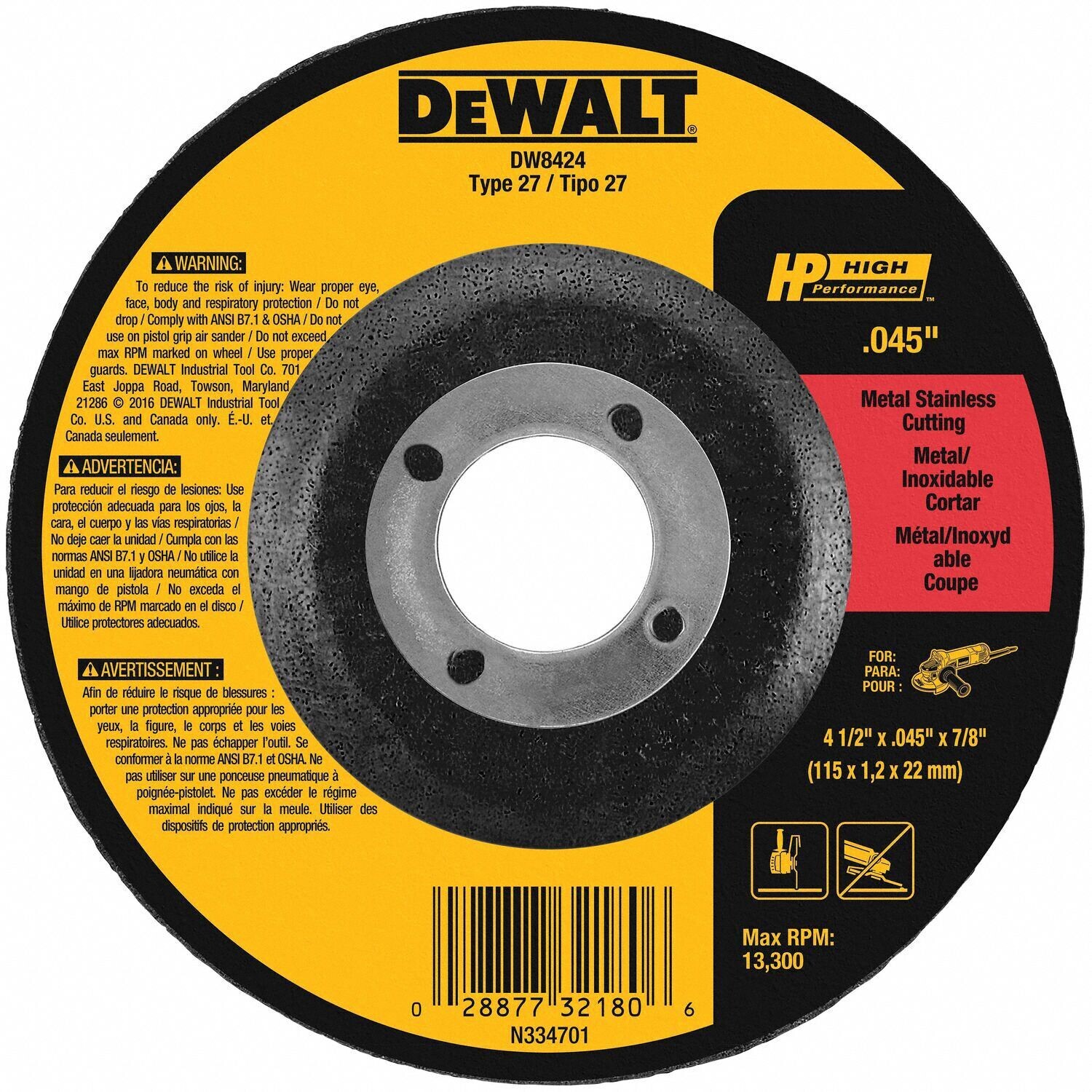 Dewalt Metal Cutting Disk (4-1/2" X  .045" X 7/8")