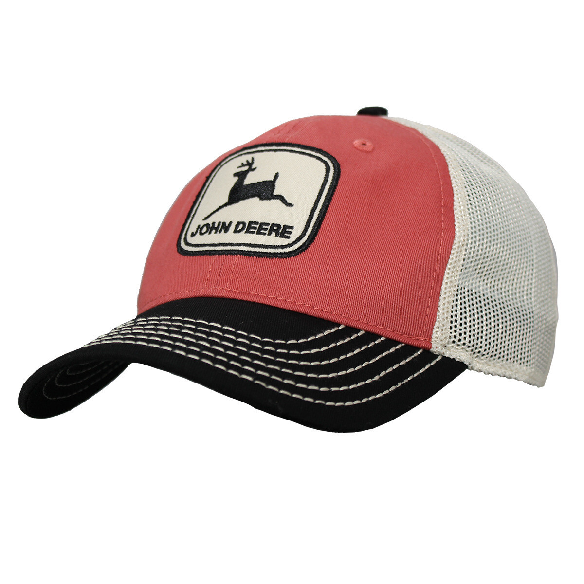 Coral hat with black bill and mesh