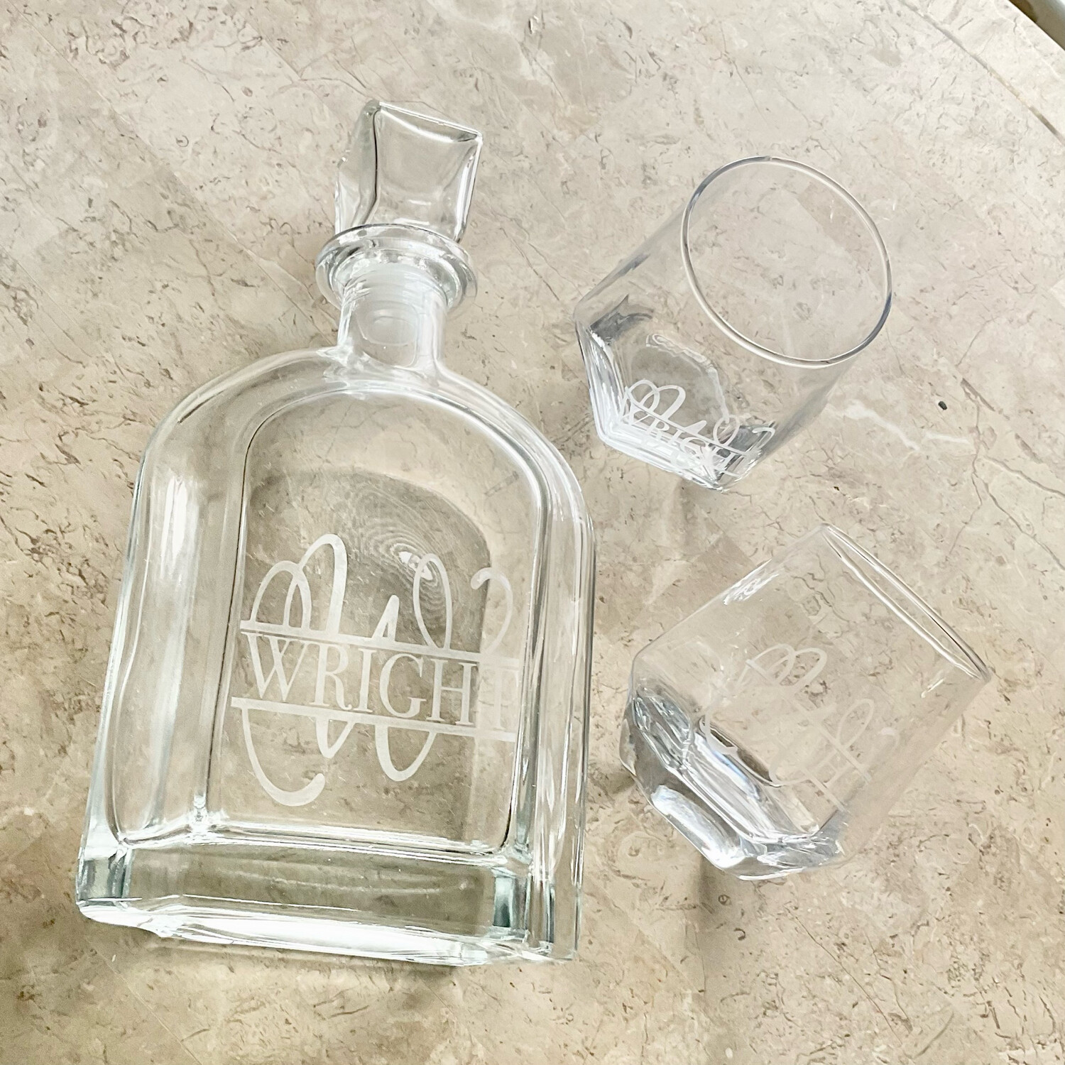 Etched Monogrammed Whiskey Decanter Set