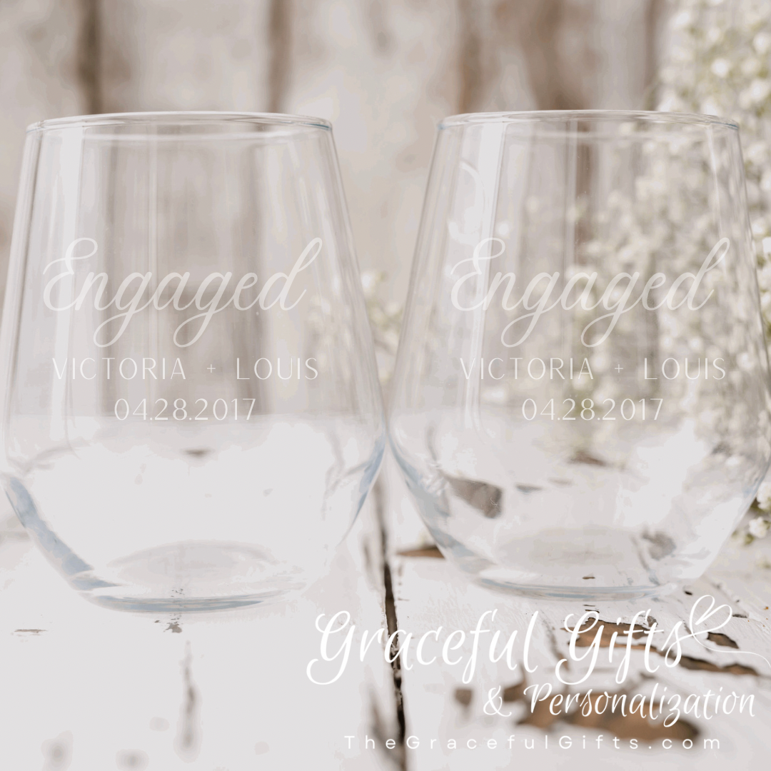 Etched Wine Glasses Engagement Gift Set
