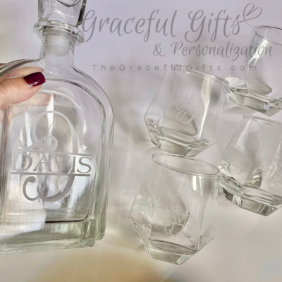 Etched Monogrammed Whiskey Decanter Set