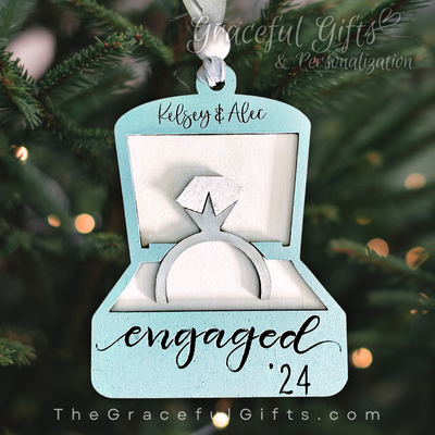Personalized Engagement Ring Box Ornament – Wooden Layered Engraved Keepsake