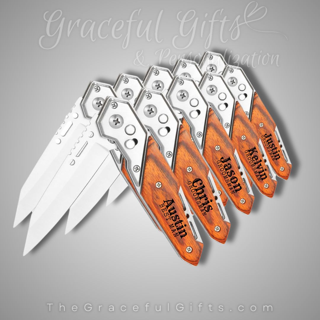 8” Pocket Knife [ Engraved Wooden Handle ]