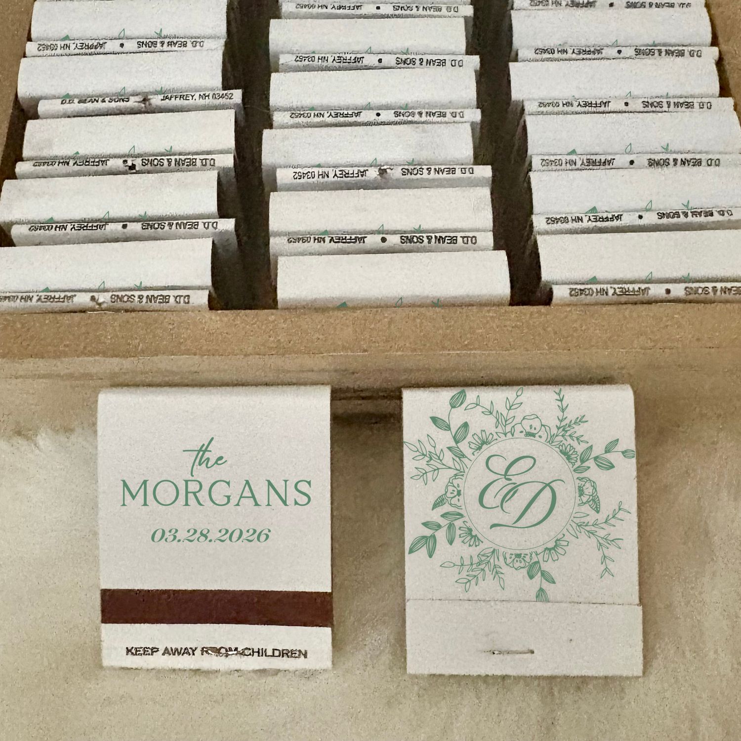 Floral Wreath Monogrammed MATCHBOOK or MATCHBOX Wedding Favors