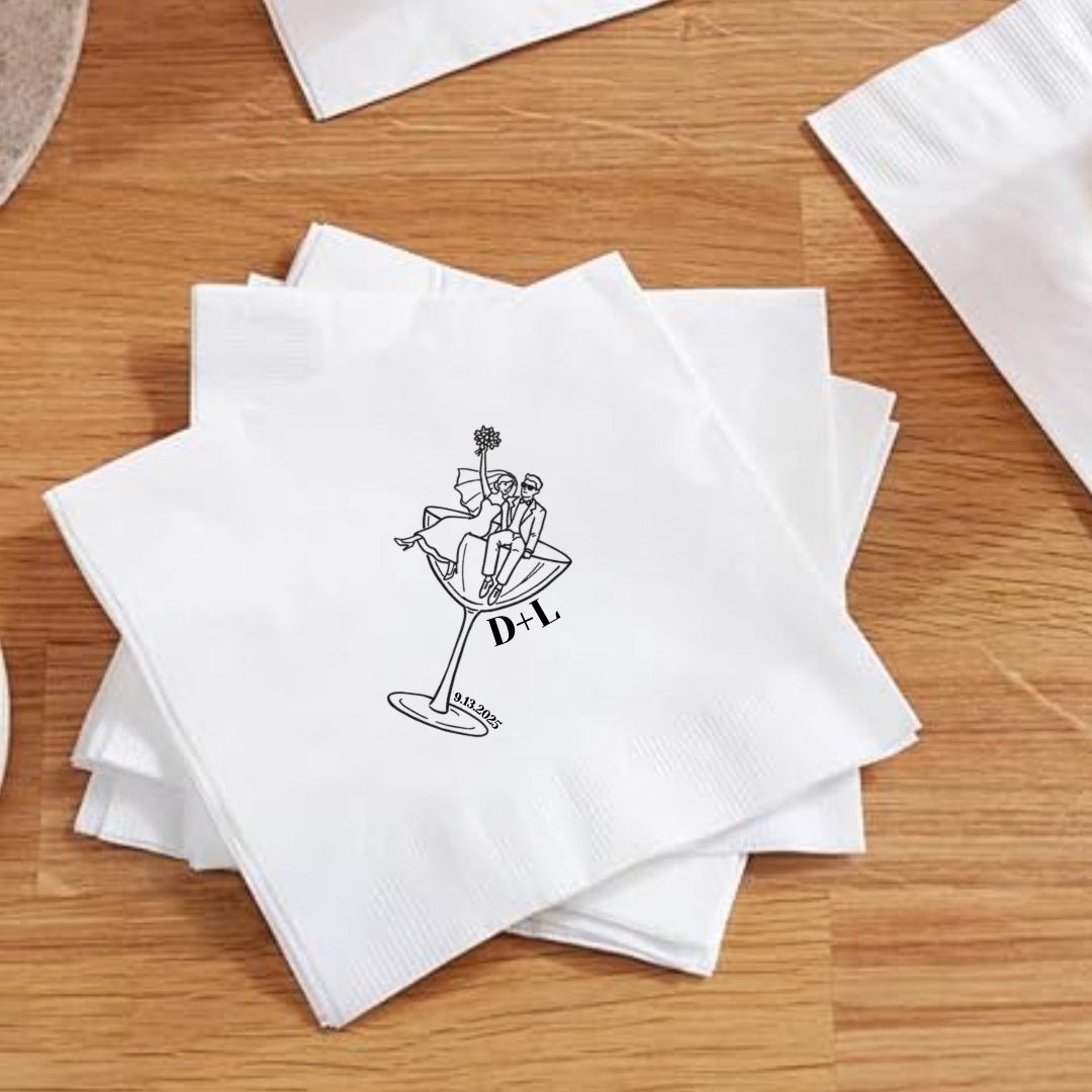 Bride &amp; Groom Cocktail Glass Illustration Wedding Cocktail Napkins