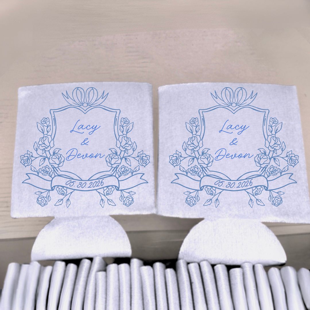 Coquette Crest Wedding Koozies