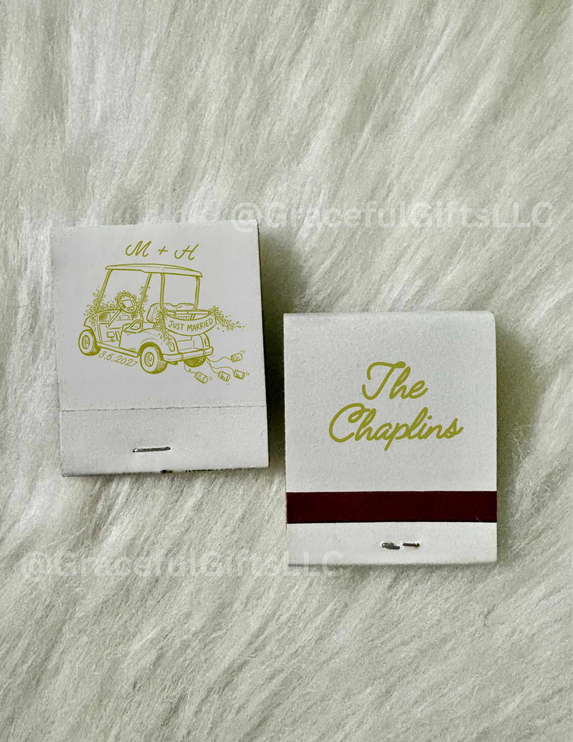 Just Married Golf cart Monogram MATCHBOOK or MATCHBOX Wedding Favors