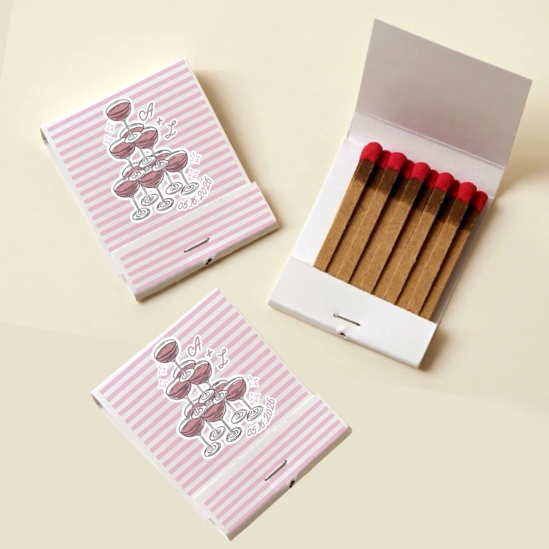 Deco Champagne Glass Tower MATCHBOOK or MATCHBOX Wedding Favors