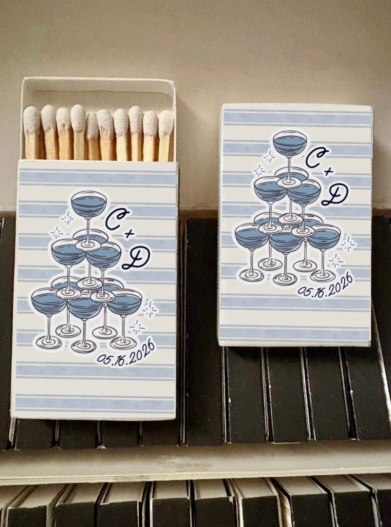 Deco Champagne Glass Tower MATCHBOOK or MATCHBOX Wedding Favors
