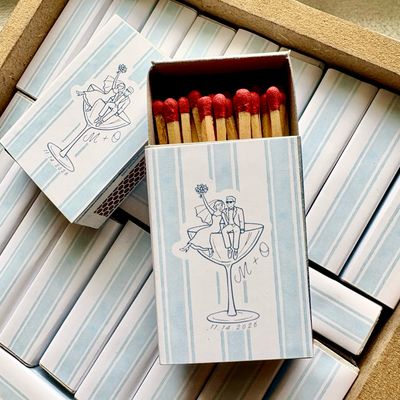 Bride &amp; Groom Cocktail Illustration MATCHBOOK or MATCHBOX Wedding Favors