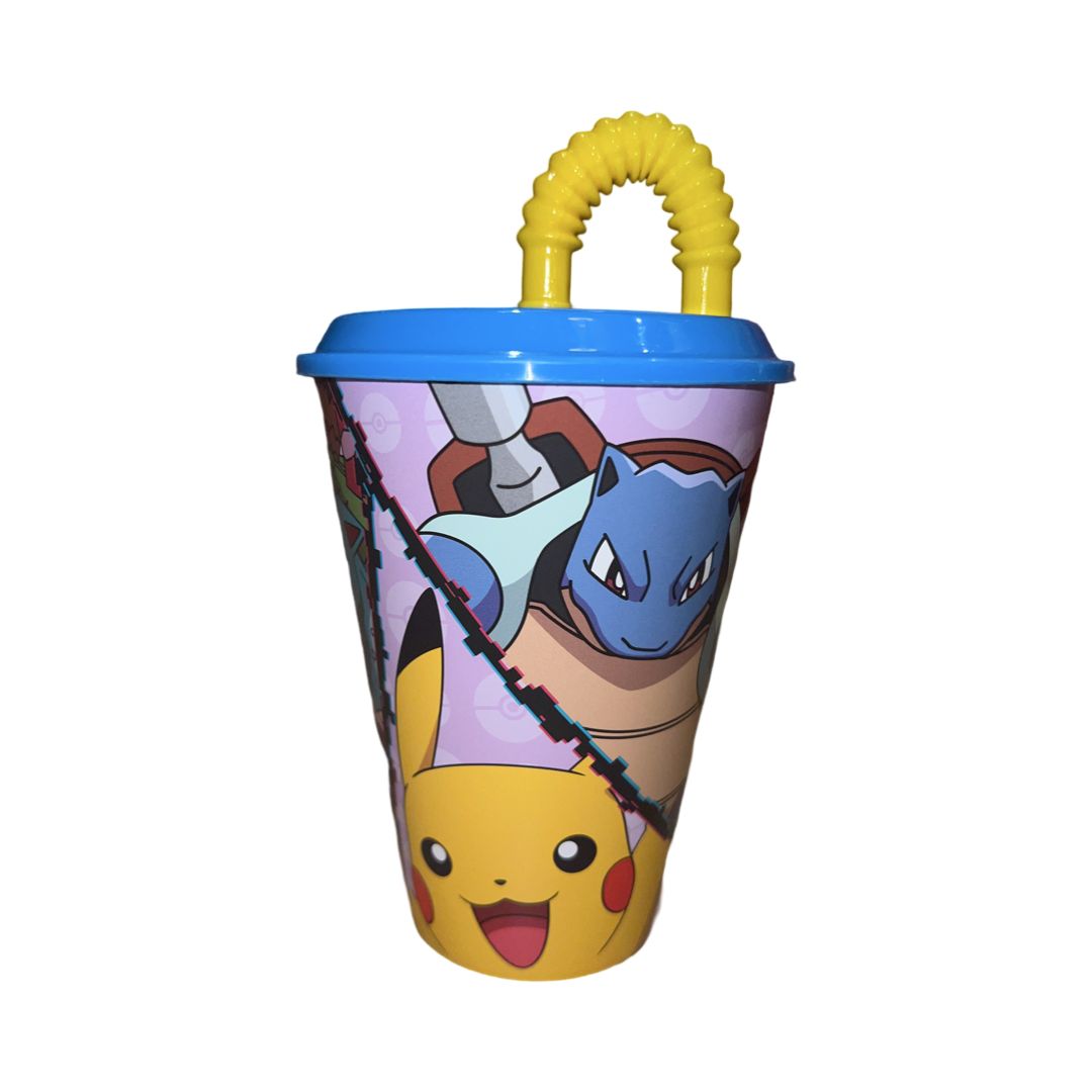 Pokémon Trinkbecher mit Strohhalm 430 ml | Pikachu &amp; Turtok Kinderbecher mit Deckel